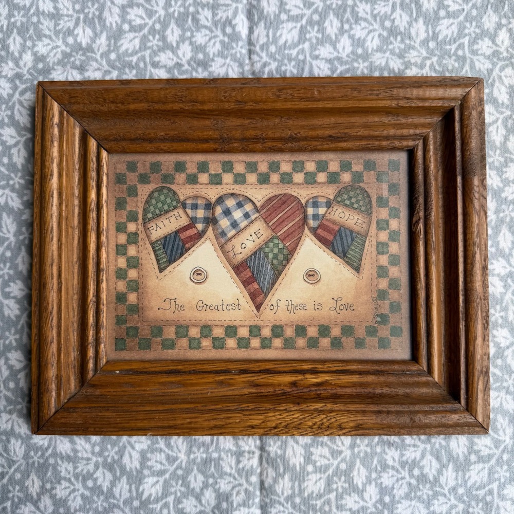 Primitive Country Faith Hope Love Patchwork Heart Framed Wall Art Oak Wood Frame